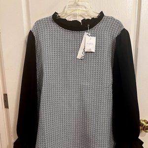 BloomChic Black and White Tweed-Front Blouse with Ruffle Collar